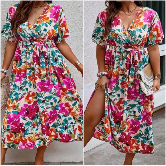 Plus Floral Print Butterfly Sleeve Dress - Picture 7 of 8